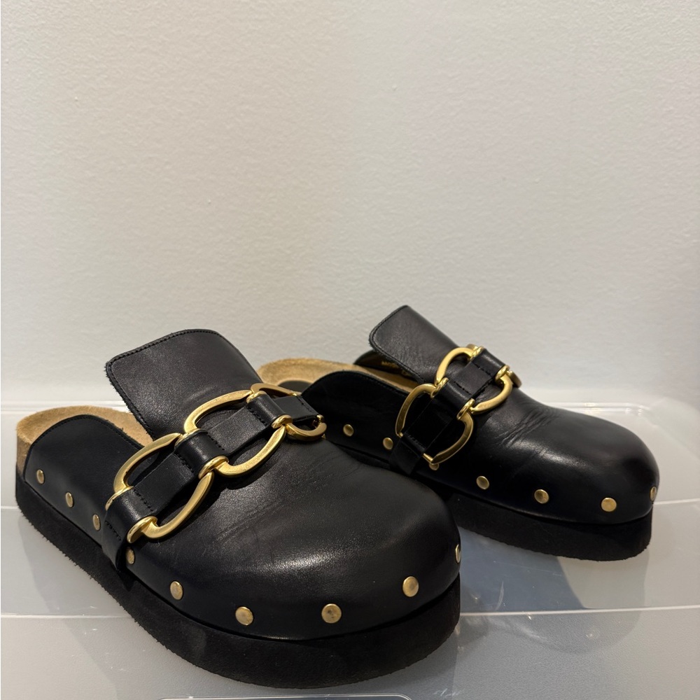maje Black Leather Clogs with Gold Accents